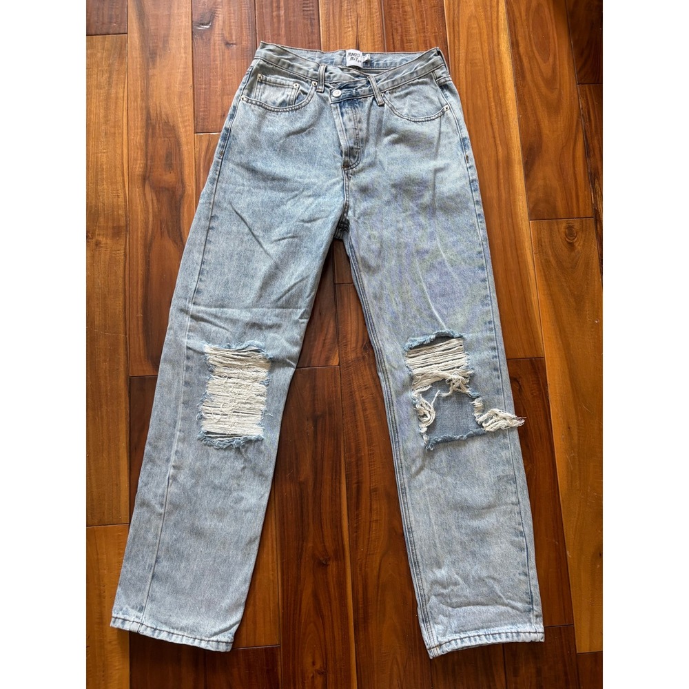 Princess Polly Crossover‎ Waist Distressed Straight Leg Jeans Light Wash Size 4
